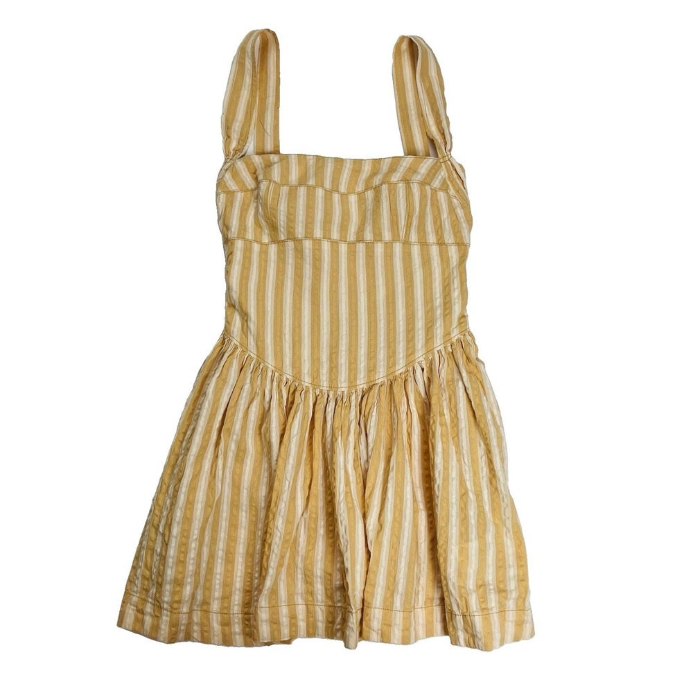 Free People Laurel Plaid Mini Dress Yellow Natural Striped Smocked M